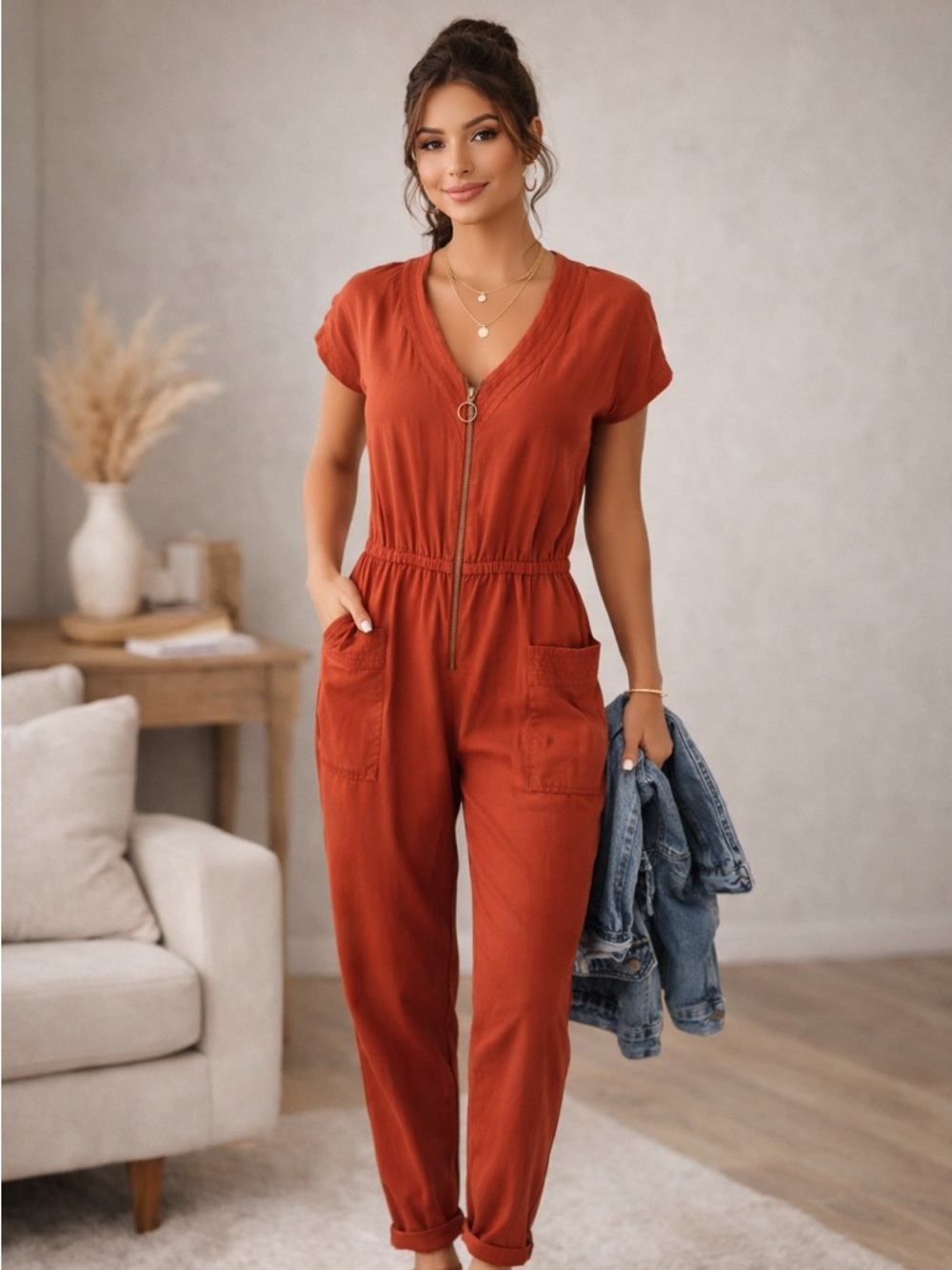 New York & Company Rust Orange Zip Front Jumpsuit | Size M